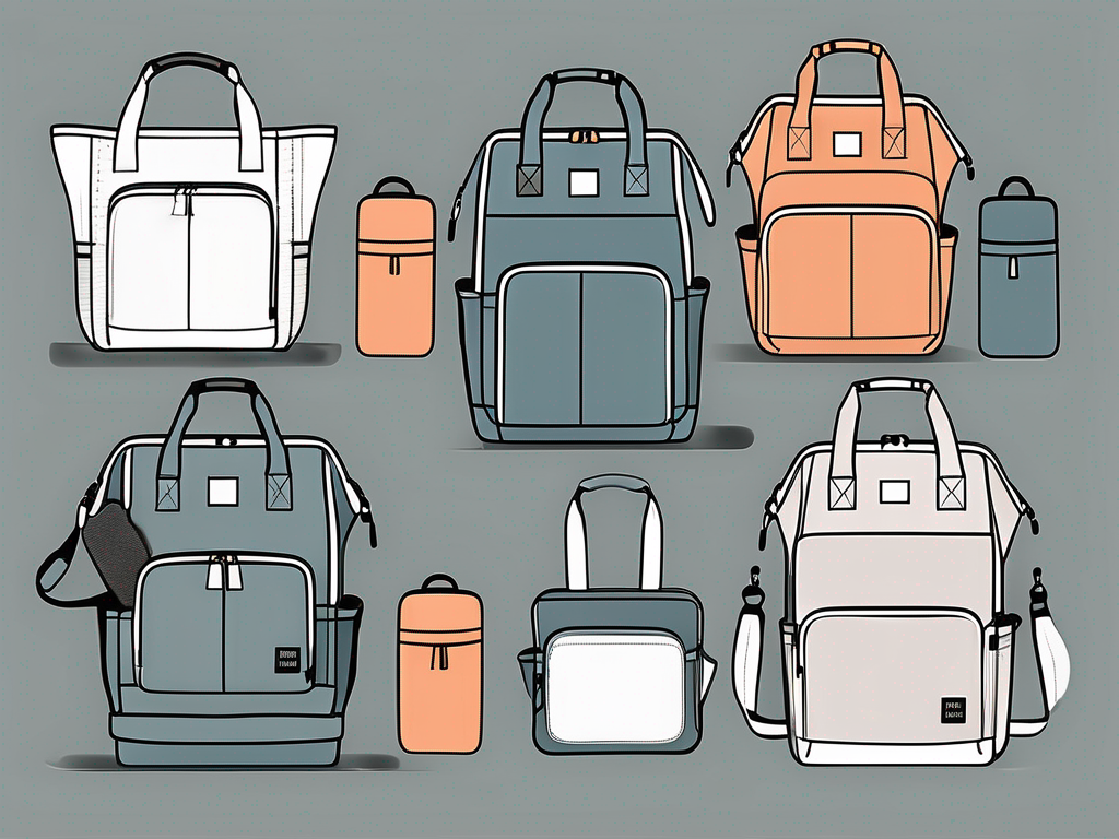 a variety of stylish luiertassen (diaper bags) in different shapes and sizes, highlighting key features such as compartments, changing mats, and bottle holders, hand-drawn abstract illustration for a company blog, white background, professional, minimalist, clean lines, faded colors