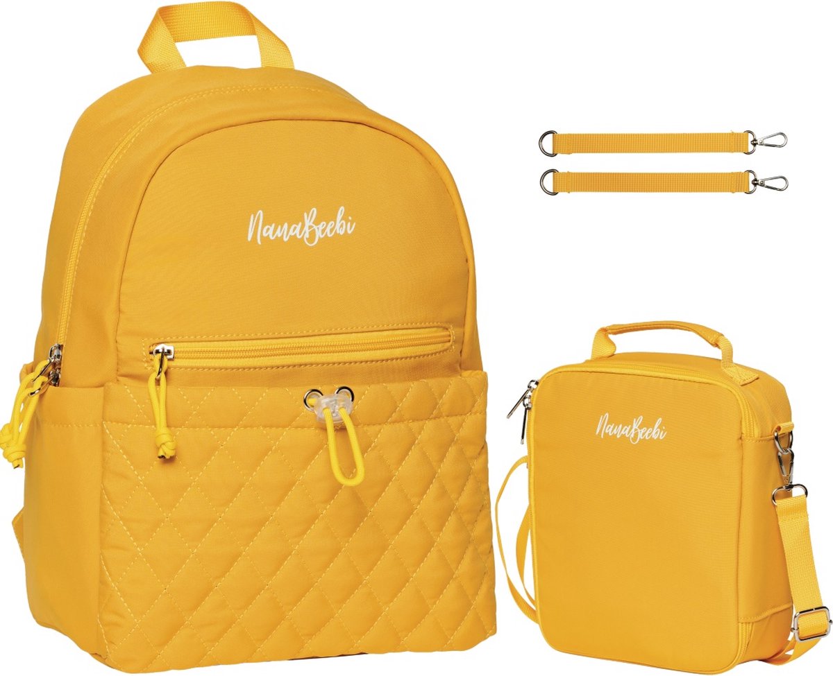 NanaBeebi kleine luiertas en Kinderrugzak met lunchbag en kinderwagen clips - Kleine luiertas - Okergeel - kids bag - rugzak voor jongens en meisjes - schooltas - Alles in één kinderrugzak