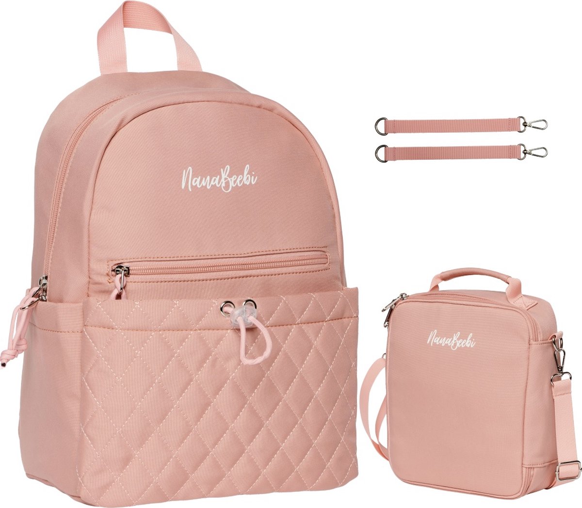 NanaBeebi kleine luiertas en Kinderrugzak met lunchbag en kinderwagen clips - Kleine luiertas - Roze - kids bag - rugzak voor jongens en meisjes - schooltas - Alles in één kinderrugzak