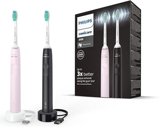 Philips Sonicare 3100-2 sonische, elektrische tandenborstels, in zwart en suikerroze met 2 C2 Optimal Plaque Defense-opzetborstels (model HX3675/15)