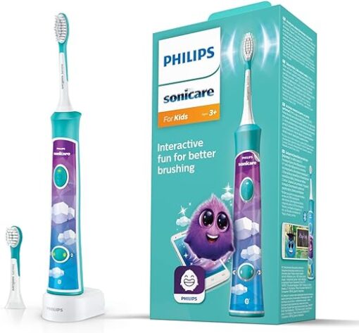 SONICARE- HX6322/04 For Kids Elektrische Tandenborstel - Ingebouwde bluetooth - Met interactieve app - 2 Opzetborstels - 2 Standen - Timer - Voor leuker en beter poetsen ,25 x 12 x 25 cm,Turkoois