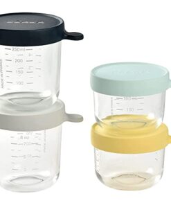 BÉABA, set van 4 bewaarbakjes, Maaltijd Kind/Baby, extra duurzaam, Gemaakt in Frankrijk, 100% luchtdicht, hittebestendig, invriezen, steriliseren, maataanduiding, 2 x 150ml - 2 x 250ml, geel