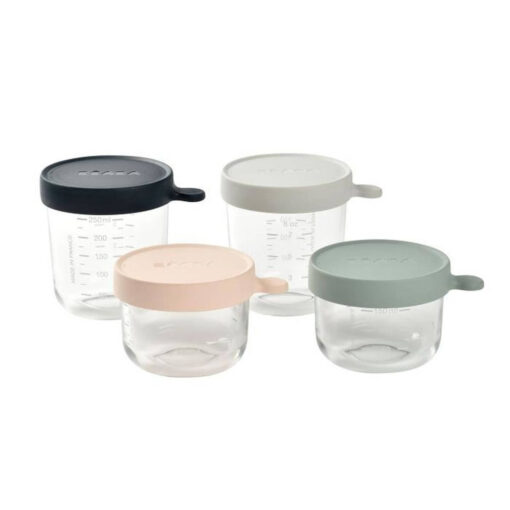 Beaba Doos met 4 glazen porties, voorraadpotten (150ml roze/150ml eucalyptusgroen/250ml lichte mist/250ml donkerblauw)
