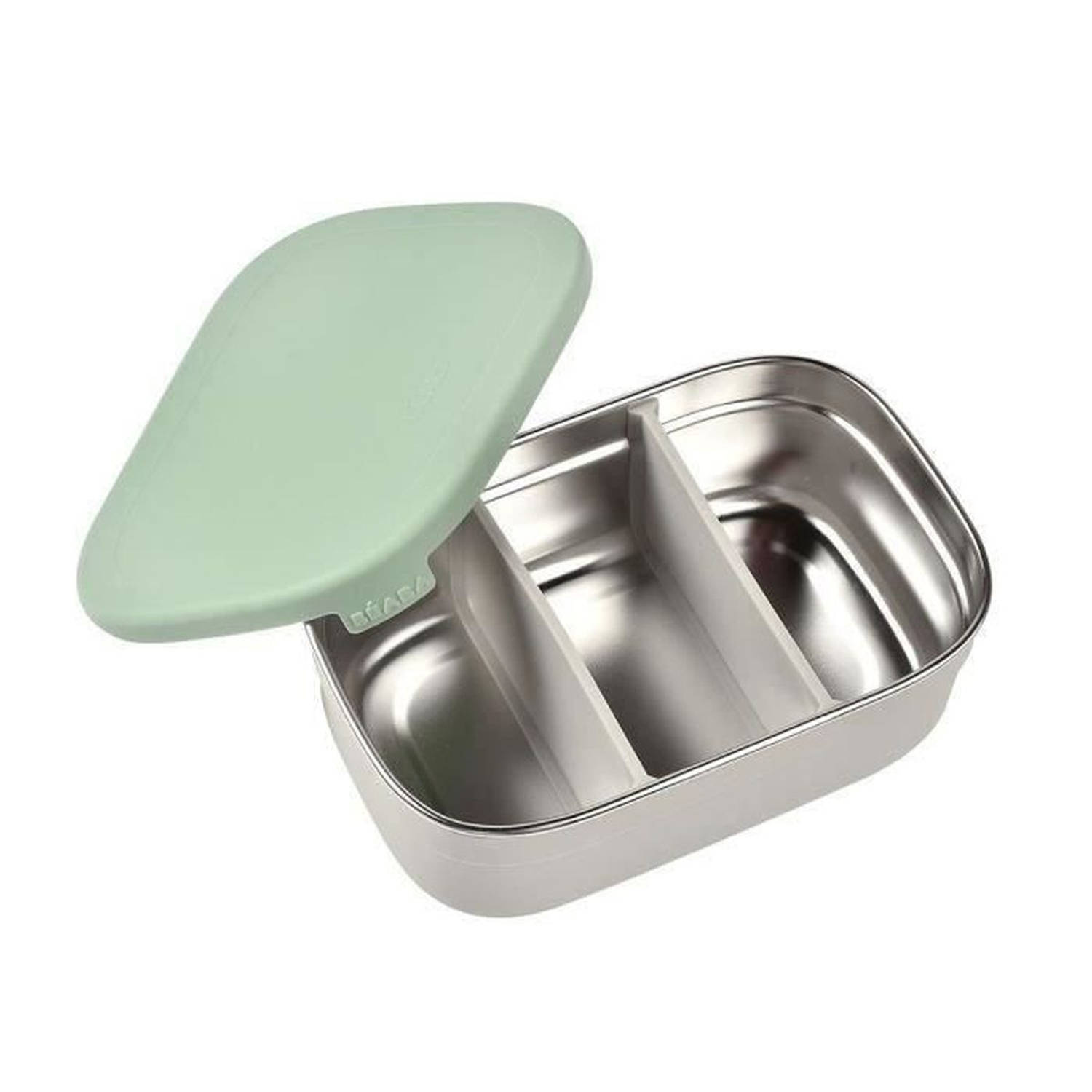 Béaba Lunchbox voor kinderen, lunchbox, box van roestvrij staal, Bento, onderverdeling, scheidingswanden, siliconen hoes, 760 ml, fluweel grijs/saliegroen