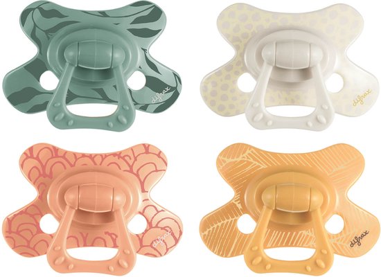 Difrax - Natural Fopspeen - 12+ Maanden - Groene/Beige/Oranje/Gele speen met printje - 4 stuks