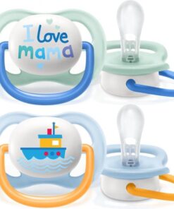 Philips Avent Ultra Air Fopspeen - 0 tot 6 Maanden - 2 Speentjes - Groen/Lichtblauw I Love Mama/Boot - SCF080/01