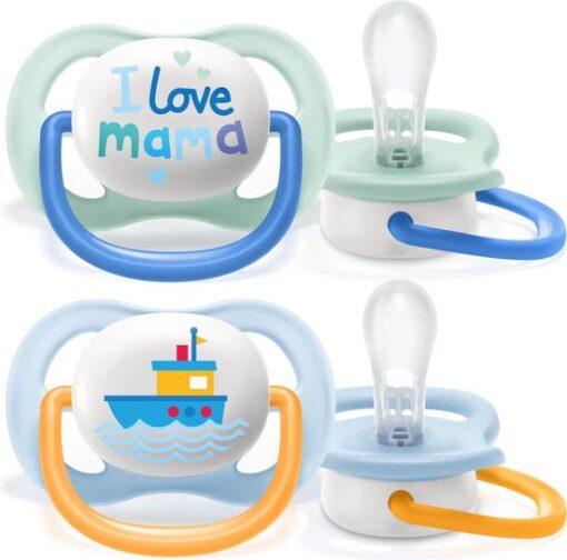 Philips Avent Ultra Air Fopspeen - 0 tot 6 Maanden - 2 Speentjes - Groen/Lichtblauw I Love Mama/Boot - SCF080/01