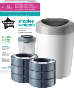 Tommee Tippee Simplee Sangenic luieremmer, milieuvriendelijker systeem, inclusief 6 navulcassettes met duurzaam geproduceerde antibacteriële GREENFILM, grijs