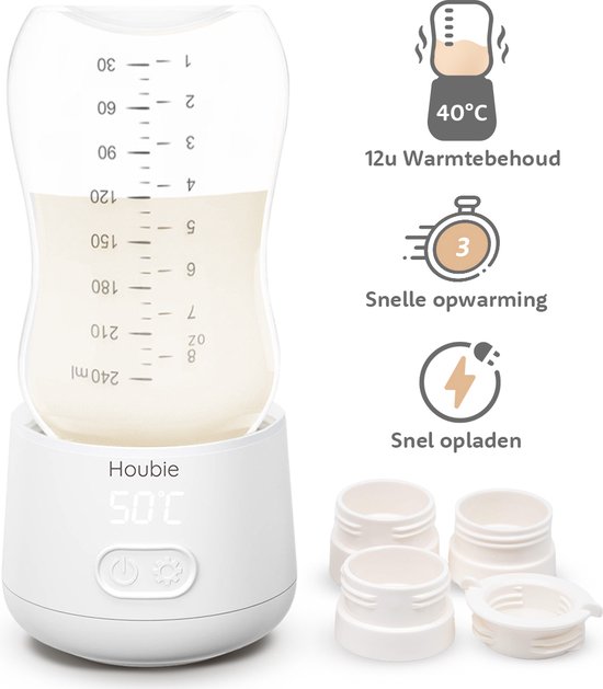 HOUBIE® - Flessenwarmer - Draagbare Baby Flessenwarmer voor onderweg - Flesverwarmer - 4 Temperatuurniveaus - Draadloos - Inclusief 4 Adapters - USB Oplaadbaar - 9000 mAh - Wit