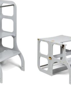 Ette Tete Step 'n Sit - Leertoren - Grijs met gouden clips - Inklapbaar tot tafel en stoel - Learning Tower - Montessori inspired - Keukentrap - Keukenhulp - Leerstoel - Veilig -Duurzaam