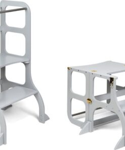 Ette Tete Step 'n Sit - Leertoren - Grijs met gouden clips - Inklapbaar tot tafel en stoel - Met extra support - Learning Tower - Montessori inspired - Keukentrap - Keukenhulp - Leerstoel - Veilig -Duurzaam