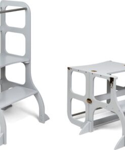 Ette Tete Step 'n Sit - Leertoren - Grijs met messing clips - Inklapbaar tot tafel en stoel - Met extra support - Learning Tower - Montessori inspired - Keukentrap - Keukenhulp - Leerstoel - Veilig -Duurzaam