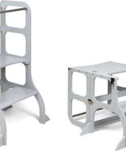 Ette Tete Step 'n Sit - Leertoren - Grijs met zilveren clips - Inklapbaar tot tafel en stoel - Met extra support - Learning Tower - Montessori inspired - Keukentrap - Keukenhulp - Leerstoel - Veilig -Duurzaam