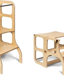 Ette Tete Step 'n Sit - Leertoren - Naturel met gouden clips - Inklapbaar tot tafel en stoel - Learning Tower - Montessori inspired - Keukentrap - Keukenhulp - Leerstoel - Veilig -Duurzaam