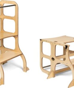 Ette Tete Step 'n Sit - Leertoren - Naturel met messing clips - Inklapbaar tot tafel en stoel - Met extra support - Learning Tower - Montessori inspired - Keukentrap - Keukenhulp - Leerstoel - Veilig -Duurzaam