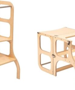 Ette Tete Step 'n Sit - Leertoren - Naturel met zilveren clips - Inklapbaar tot tafel en stoel - Learning Tower - Montessori inspired - Keukentrap - Keukenhulp - Leerstoel - Veilig -Duurzaam