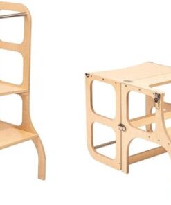 Ette Tete Step 'n Sit - Leertoren - Naturel met zilveren clips - Inklapbaar tot tafel en stoel - Learning Tower - Montessori inspired - Keukentrap - Keukenhulp - Leerstoel - Veilig -Duurzaam