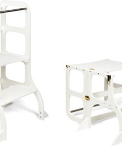 Ette Tete Step 'n Sit - Leertoren - Wit met gouden clips - Inklapbaar tot tafel en stoel - Met extra support - Learning Tower - Montessori inspired - Keukentrap - Keukenhulp - Leerstoel - Veilig -Duurzaam