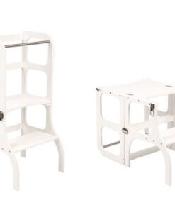Ette Tete Step 'n Sit - Leertoren - Wit met zilveren clips - Inklapbaar tot tafel en stoel - Learning Tower - Montessori inspired - Keukentrap - Keukenhulp - Leerstoel - Veilig -Duurzaam
