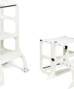 Ette Tete Step 'n Sit - Leertoren - Wit met zwarte clips - Inklapbaar tot tafel en stoel - Met extra support - Learning Tower - Montessori inspired - Keukentrap - Keukenhulp - Leerstoel - Veilig -Duurzaam