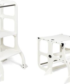 Ette Tete Step 'n Sit - Leertoren - Wit met zwarte clips - Inklapbaar tot tafel en stoel - Met extra support - Learning Tower - Montessori inspired - Keukentrap - Keukenhulp - Leerstoel - Veilig -Duurzaam