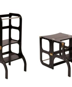 Ette Tete Step 'n Sit - Leertoren - Zwart met gouden clips - Inklapbaar tot tafel en stoel - Learning Tower - Montessori inspired - Keukentrap - Keukenhulp - Leerstoel - Veilig -Duurzaam