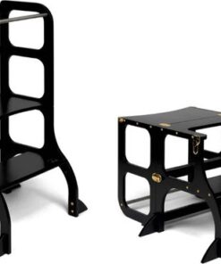 Ette Tete Step 'n Sit - Leertoren - Zwart met gouden clips - Inklapbaar tot tafel en stoel - Met extra support - Learning Tower - Montessori inspired - Keukentrap - Keukenhulp - Leerstoel - Veilig -Duurzaam