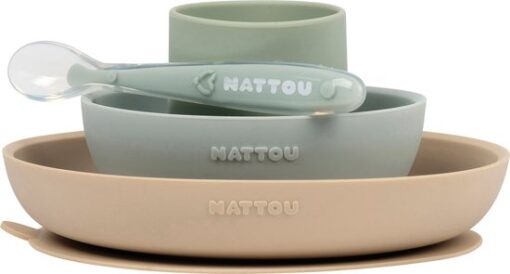 Nattou Siliconen 4-delig Servies voor Kinderen - Bord + Kom + Beker + Lepel - Antislip - BPA-vrij - Groen/Zand