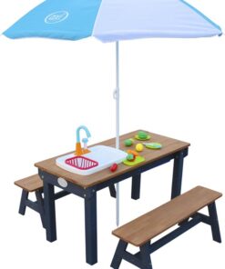 AXI Dennis Zand & Water Picknicktafel met Speelkeuken, Wastafel en losse bankjes in Antraciet/Bruin - Met Parasol in Blauw/Wit - Incl. 17-delige accessoire-set