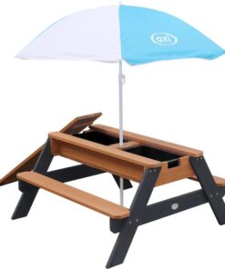 AXI Nick Zand & Water Picknicktafel in Antraciet/Bruin - Met Parasol in Blauw/Wit - Multifunctionele Picknick tafel van FSC hout - Picknick tafel voor kinderen van hout