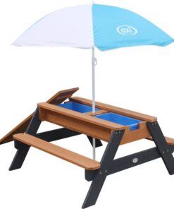 AXI Nick Zand & Water Picknicktafel in Antraciet/bruin voor kinderen - Met in hoogte verstelbare Parasol in Blauw/Wit - Multifunctionele Picknick tafel van FSC hout - Picknick tafel voor kinderen van hout