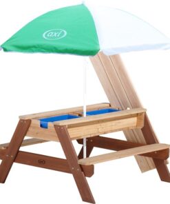 AXI Nick Zand & Water Picknicktafel in Bruin - Met in hoogte verstelbare Parasol in Groen/Wit - Multifunctionele Picknick tafel van FSC hout - Picknick tafel voor kinderen van hout