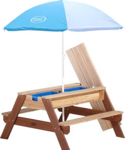 AXI Nick Zand & Water Picknicktafel in Bruin - Met in hoogte verstelbare Parasol in Blauw/Wit - Multifunctionele Picknick tafel van FSC hout - Picknick tafel voor kinderen van hout