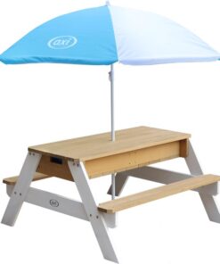 AXI Nick Zand & Water Picknicktafel in Bruin/Wit voor kinderen - Met in hoogte verstelbare Parasol in Blauw/Wit - Multifunctionele Picknick tafel van FSC hout - Picknick tafel voor kinderen van hout