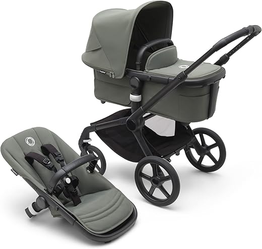 Bugaboo Fox 5 all-terrain kinderwagen, 2-in-1 kinderwagen met vering in alle wielen, eenvoudig in- en uitklapbaar, ruime wieg, duwen en sturen met één hand, black onderstel en Forest Green zonnekap