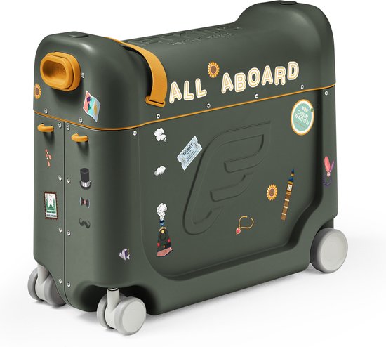 Stokke JetKids BedBox, Golden Olive - Kinderkoffer en bed - Help uw kind ontspannen en slapen in het vliegtuig - Goedgekeurd door veel luchtvaartmaatschappijen - Geschikt voor kinderen van 3-7 jaar