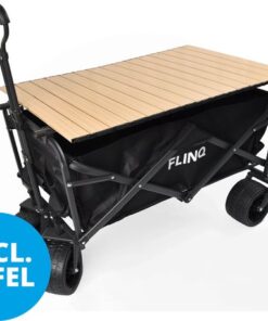 FlinQ Bolderkar tot 130 KG Incl. Tafel - Opvouwbaar - Strandkar met Duwstang en Bolderkartafel - Inklapbare Bolderwagen voor Strand - 100L Inhoud met Draaibare Wielen - Zwart