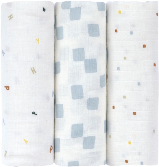 Lässig Hydrofiele luier Swaddle & Burp Doek L GOTS (3 stuks) - Happy Fruits - Blue