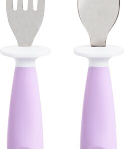 Munchkin Kinderbestek Vork en Lepel voor peuters – Raise - 2-delig - vanaf 12 maanden - Roestvrijstalen bestekset - Paars