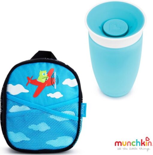 Munchkin Luiertas met Munchkin Miracle Drinkbeker Blauw - Brica by my side rugzak Blauw - Miracle Anti-Lek 360° Drinkbeker - Sippy Cup - Oefenbeker voor Baby en Kind - 296ml – Blauw