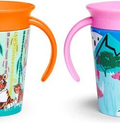 Munchkin Miracle Drinkbeker - WildLove Trainer cup - Anti-Lek 360° cup - 2-pack - Oefenbeker voor Baby en Kind - 177ml - Tijger & Neushoorn - Oranje/Roze