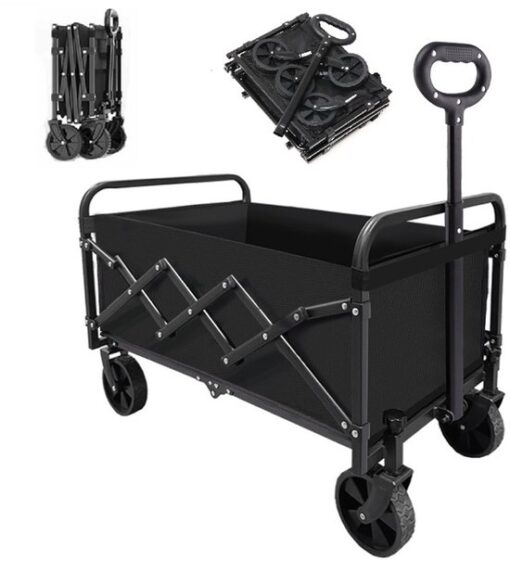 Opvouwbaar Bolderkar- Afneembare wielen - Tot 150kg Draagvermogen - 66x42x47cm -Camping Bolderwagen-kampeerkar- Inhoud 100L Bolderwagen met Duwstang - Opvouwbare Draag Kar - Bolder Wagen Strandkar -Dubbellaags verdikte doek- Kampeerkar-Zwart