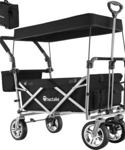 tectake® Opvouwbare Bolderkar met Dak, Remmen en Tassen – Strandkar, Outdoor Tuinkar, Transportkar tot 80 kg – Zwart