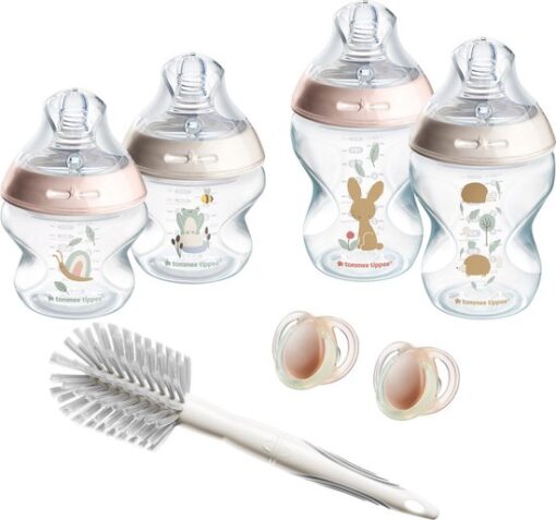 Tommee Tippee babyflessen, Natural Start Newborn Starter Set, 150 ml en 260 ml Anti-Colic flesjes, borst-gelijkende spenen met langzame + gemiddelde stroomsnelheid voor natuurlijk zuigen, zelfsteriliserend, anti-koliek ventiel, flesvoeding, roze