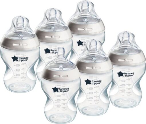 Tommee Tippee Natural Start babyflessen, tepelvormig voor natuurlijk zuigen, anti-koliek ventiel met langzame uitstroomsnelheid, bpa-vrij babyfles, flesvoeding - 260 ml - 6 stuks - doorzichtig