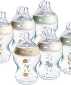 Tommee Tippee Natural Start babyflessen, tepelvormig voor natuurlijk zuigen, anti-koliek ventiel met langzame uitstroomsnelheid, bpa-vrij babyfles, flesvoeding - 260 ml - 6 stuks - Doorzichtig, multi Pond