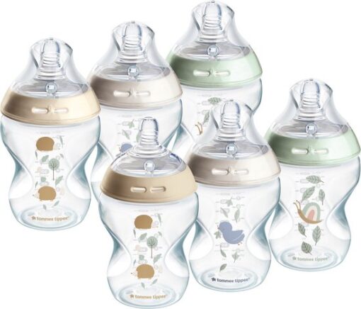 Tommee Tippee Natural Start babyflessen, tepelvormig voor natuurlijk zuigen, anti-koliek ventiel met langzame uitstroomsnelheid, bpa-vrij babyfles, flesvoeding - 260 ml - 6 stuks - Doorzichtig, multi Pond