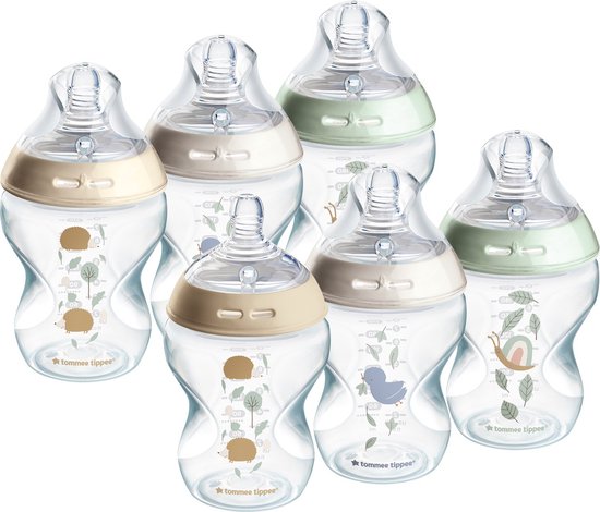 Tommee Tippee Natural Start babyflessen, tepelvormig voor natuurlijk zuigen, anti-koliek ventiel met langzame uitstroomsnelheid, bpa-vrij babyfles, flesvoeding - 260 ml - 6 stuks - Doorzichtig, multi Pond