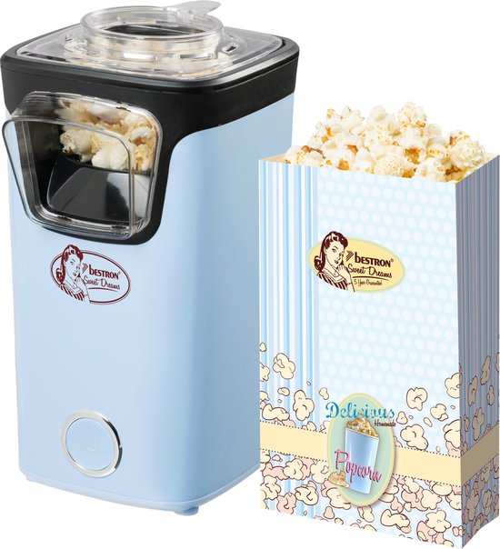 Bestron Popcornmaker, Turbo-Popcorn in minder 2 minuten, Popcornmachine met heteluchttechnologie, inclusief 10x popcornzakken & geïntegreerde maatbeker, Sweet Dreams Collectie, Kleur: Blauw