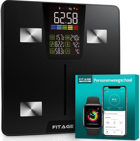 FITAGE LED Weegschaal Personenweegschaal Digitaal - Slimme Weegschaal met 17x Lichaamsanalyse - Weegschalen - FITAGE App